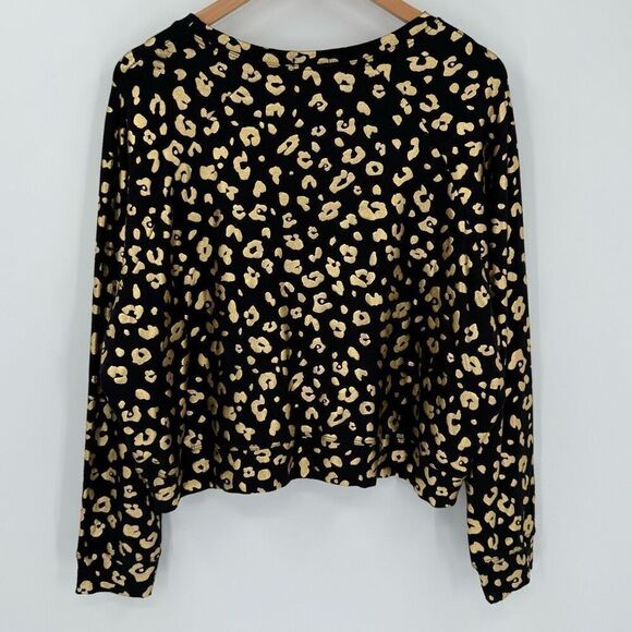 Terez Metallic Foil Cheetah Print Crewneck Sweatshirt Women Large Black Gold NWT - Picture 5 of 8